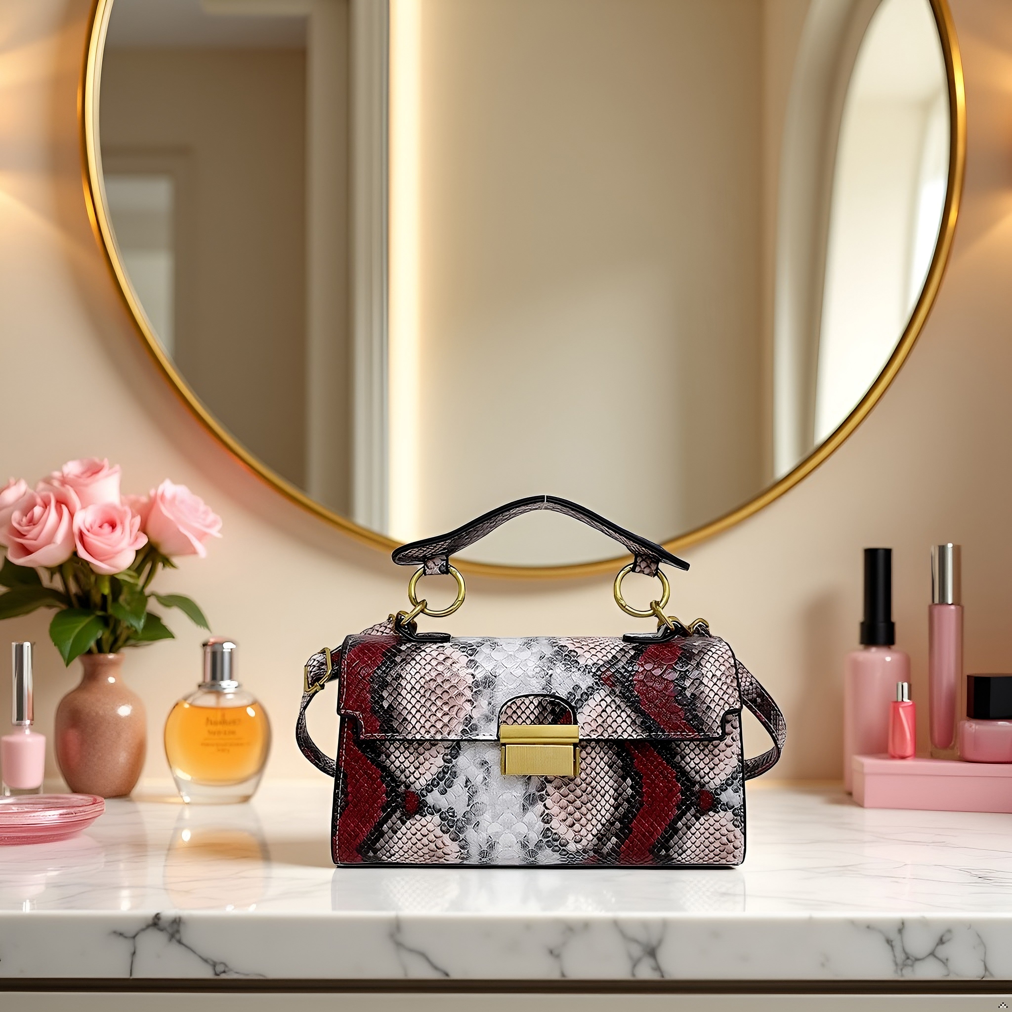 Chic Snake Print Crossbody Bag with Gold Lock – Stylish Faux Leather Shoulder Purse for Women