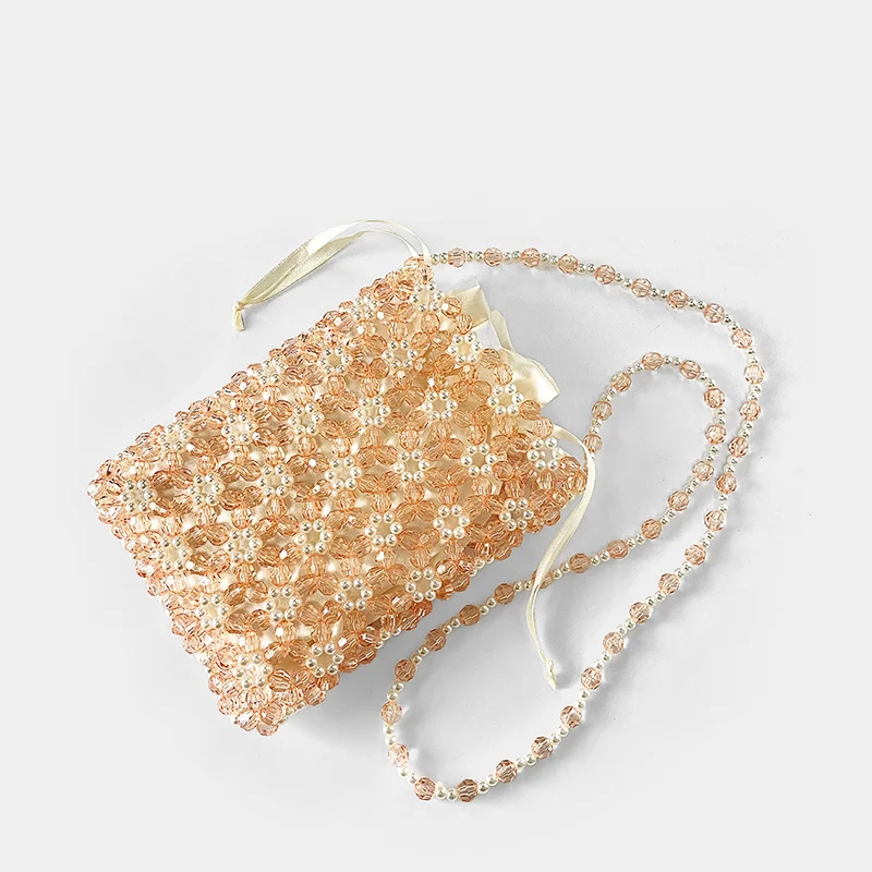 Chic Chinese Style Colorful Acrylic Bead Hand-Woven Crossbody Mobile Phone Bag with Hollow Pearl Accents