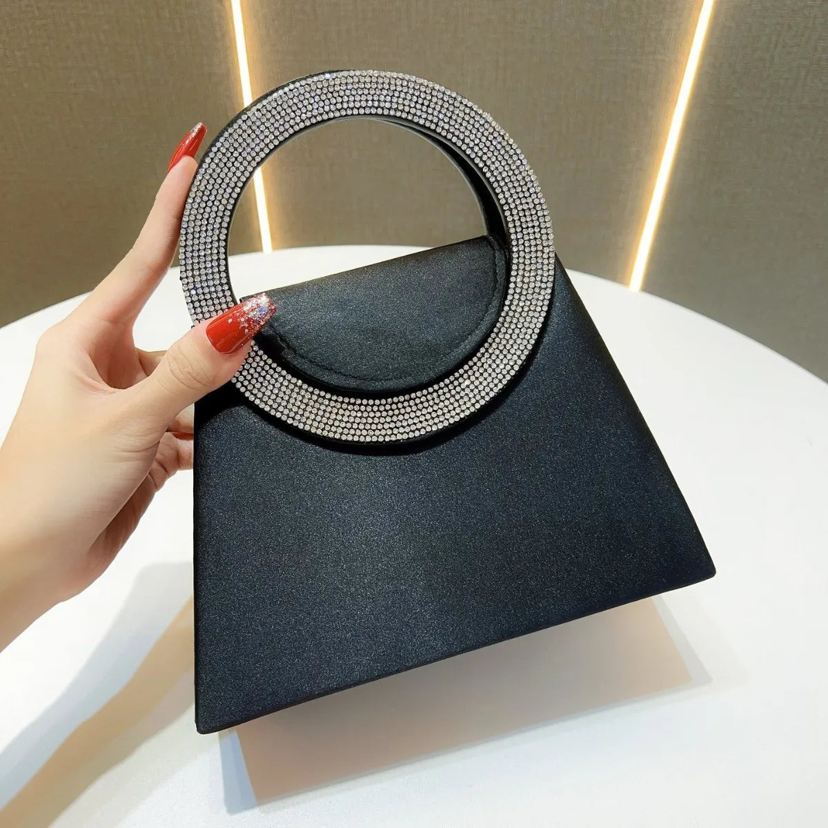 Women Fashion Handbag Luxury Satin Square Bag Wedding Party Clutch Purse Glitter Shiny Diamonds Handle Evening Bag Crossbody Bag