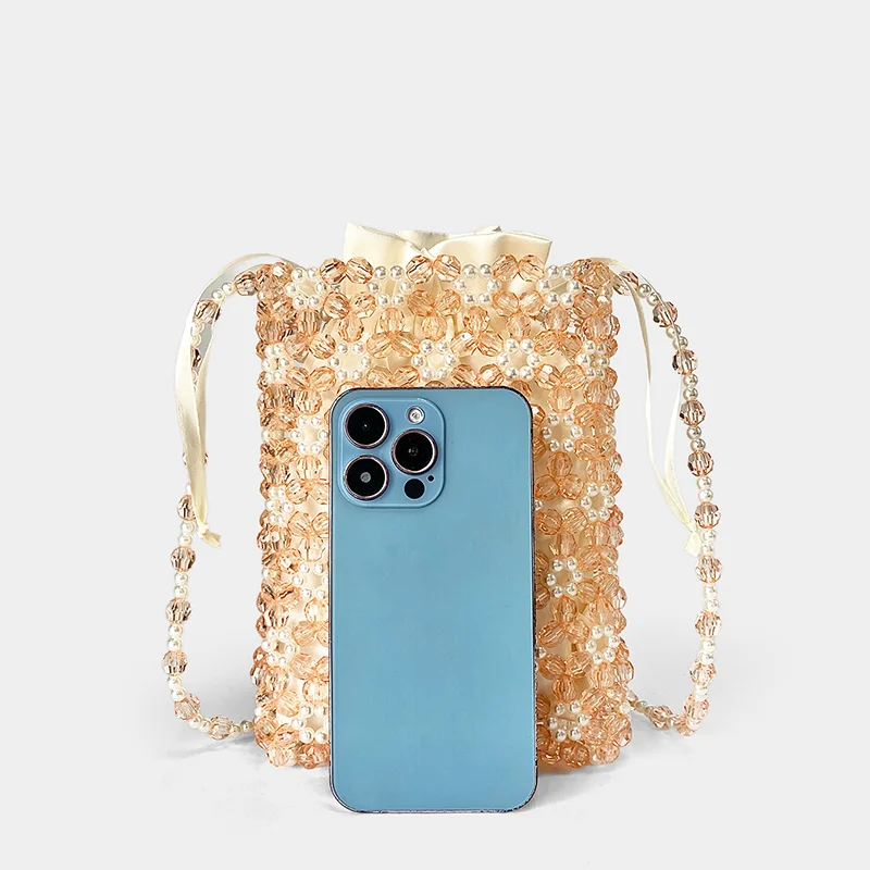 Chic Chinese Style Colorful Acrylic Bead Hand-Woven Crossbody Mobile Phone Bag with Hollow Pearl Accents