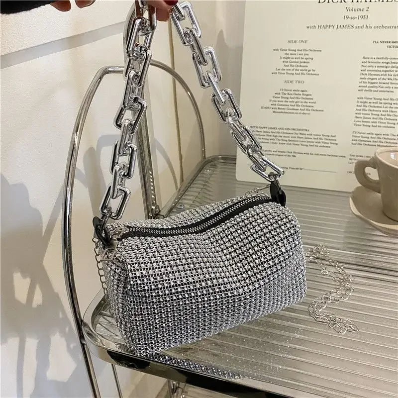 Sparkling Rhinestone Mini Bucket Bag with Glitter Chain - Chic Crossbody Purse for Prom and Parties (6.3 x 3.54 Inches)