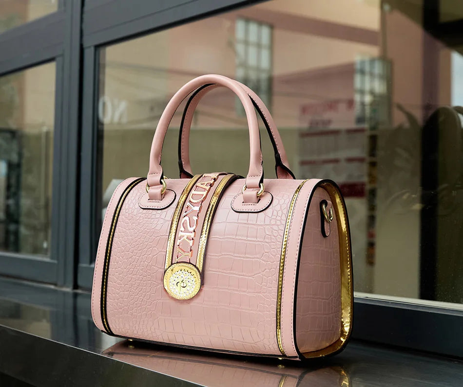 Chic Classic Retro Crocodile Embossed Women's Boston Handbag with Stylish Letter Decoration - High-Quality Crossbody & Top Handle Bag