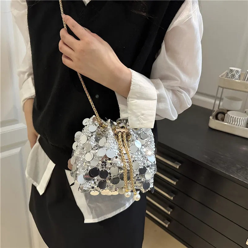 Luxury Sequin Chain Bucket Shoulder Bag for Women - Elegant Crossbody Clutch Purse for Dinner Parties