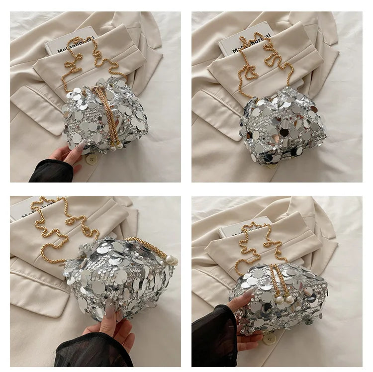 Luxury Sequin Chain Bucket Shoulder Bag for Women - Elegant Crossbody Clutch Purse for Dinner Parties