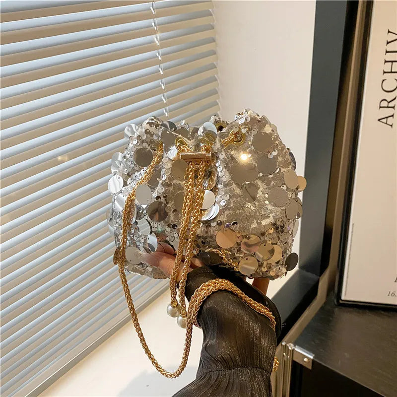 Luxury Sequin Chain Bucket Shoulder Bag for Women - Elegant Crossbody Clutch Purse for Dinner Parties