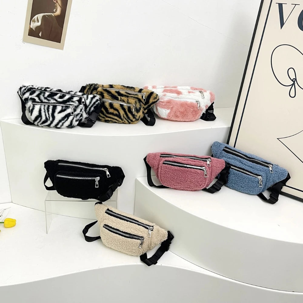 2025 Winter Plush Waist Bags for Women Fashion Leopard Pattern Chest Bag Double Zipper Belt Bags Female Banana Hip Purse
