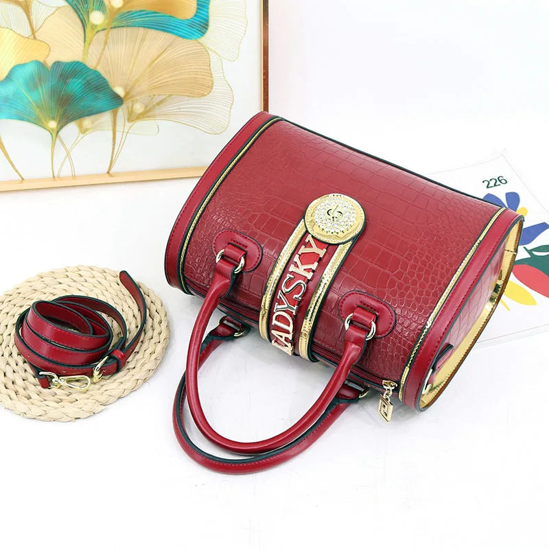 Chic Classic Retro Crocodile Embossed Women's Boston Handbag with Stylish Letter Decoration - High-Quality Crossbody & Top Handle Bag