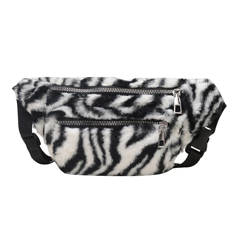 2025 Winter Plush Waist Bags for Women Fashion Leopard Pattern Chest Bag Double Zipper Belt Bags Female Banana Hip Purse