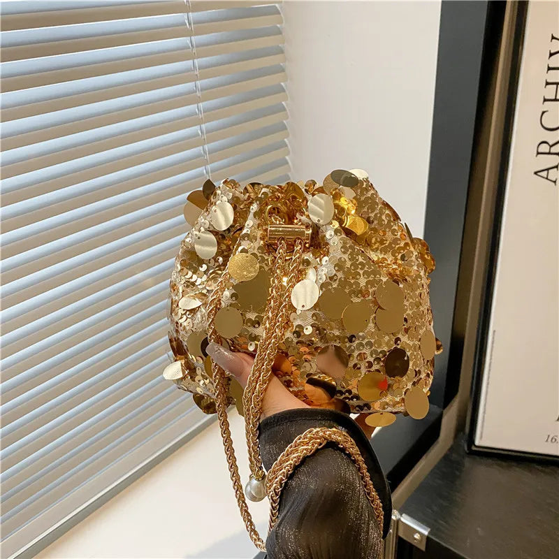 Luxury Sequin Chain Bucket Shoulder Bag for Women - Elegant Crossbody Clutch Purse for Dinner Parties