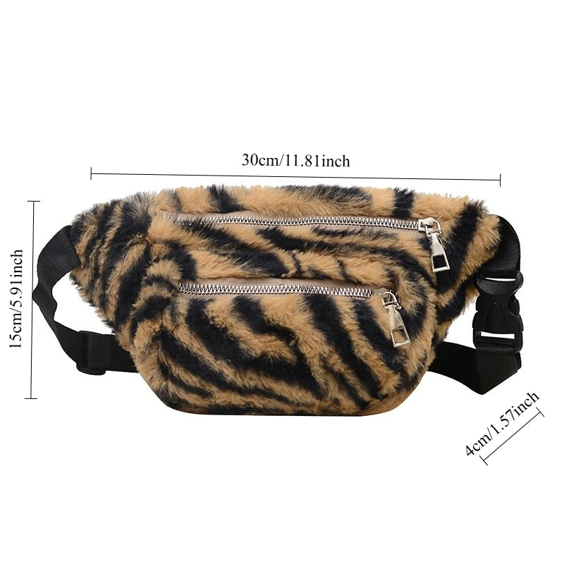 2025 Winter Plush Waist Bags for Women Fashion Leopard Pattern Chest Bag Double Zipper Belt Bags Female Banana Hip Purse
