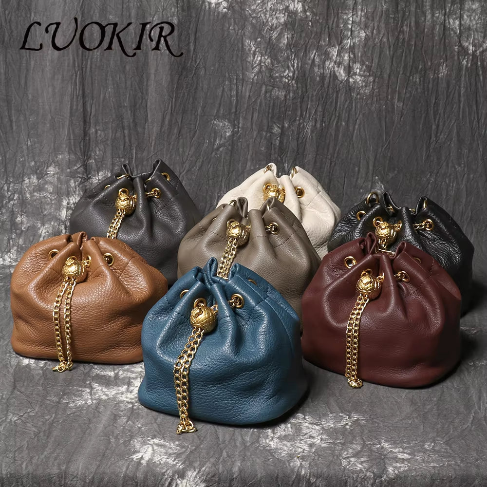Stylish LUOKIR Genuine Leather Bucket Bag - Versatile Metal Drawstring Crossbody Handbag for Women
