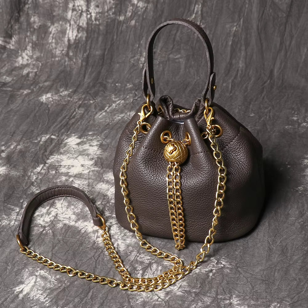 Stylish LUOKIR Genuine Leather Bucket Bag - Versatile Metal Drawstring Crossbody Handbag for Women