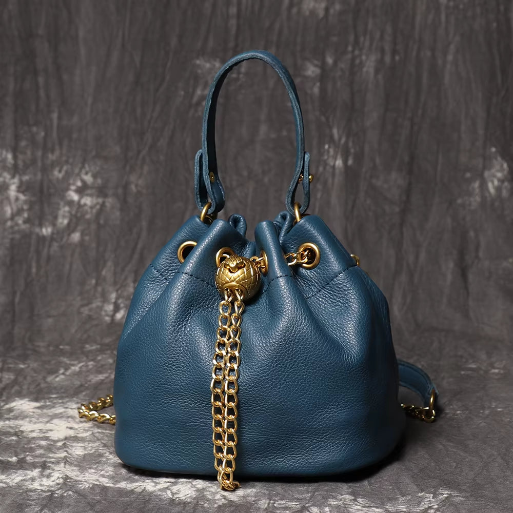 Stylish LUOKIR Genuine Leather Bucket Bag - Versatile Metal Drawstring Crossbody Handbag for Women