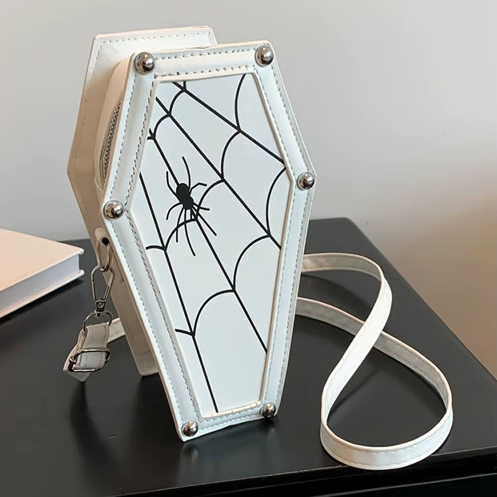 Spooky Chic Halloween Cobweb Coffin Satchel - Large Capacity Gothic PU Leather Hobo Bag with Adjustable Strap