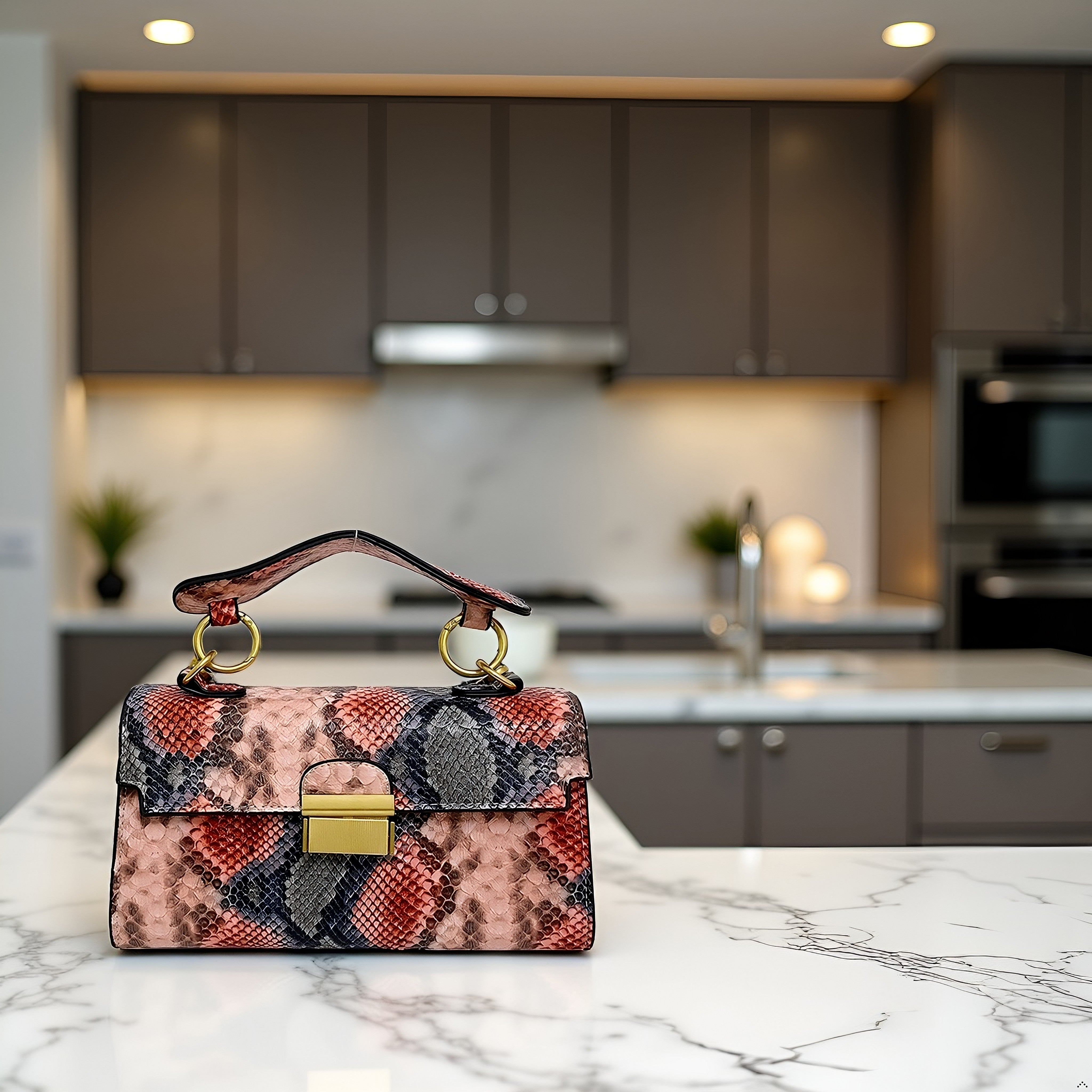 Chic Snake Print Crossbody Bag with Gold Lock – Stylish Faux Leather Shoulder Purse for Women