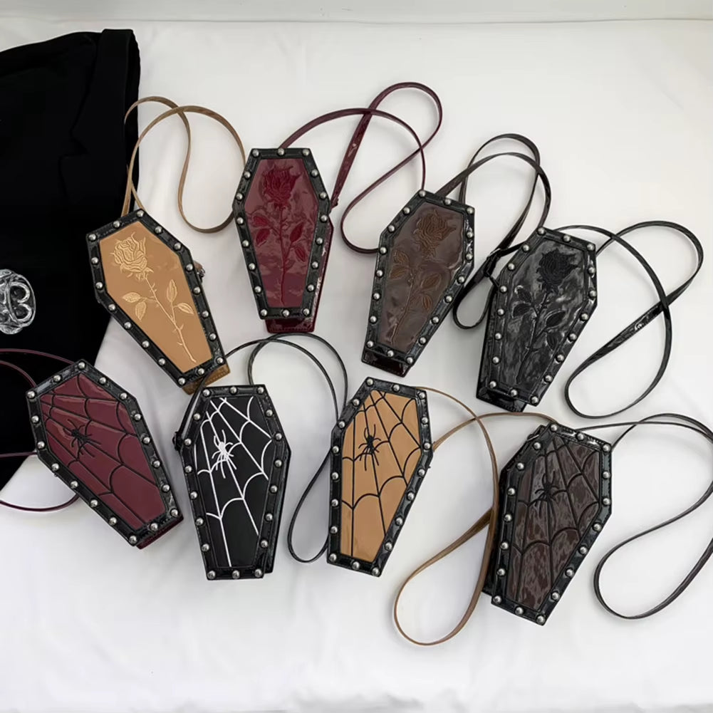 Spooky Chic Halloween Cobweb Coffin Satchel - Large Capacity Gothic PU Leather Hobo Bag with Adjustable Strap