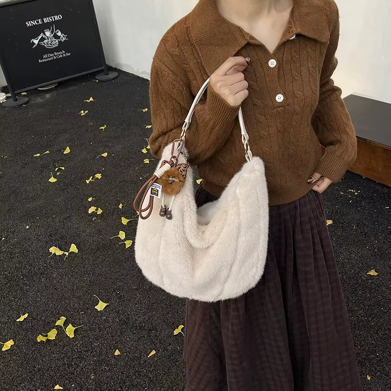Winter Shoulder Bag Large Capacity Commuting Tote Handle Bag for Women with Plush Fur Comfortable and Versatile Commuting Bag