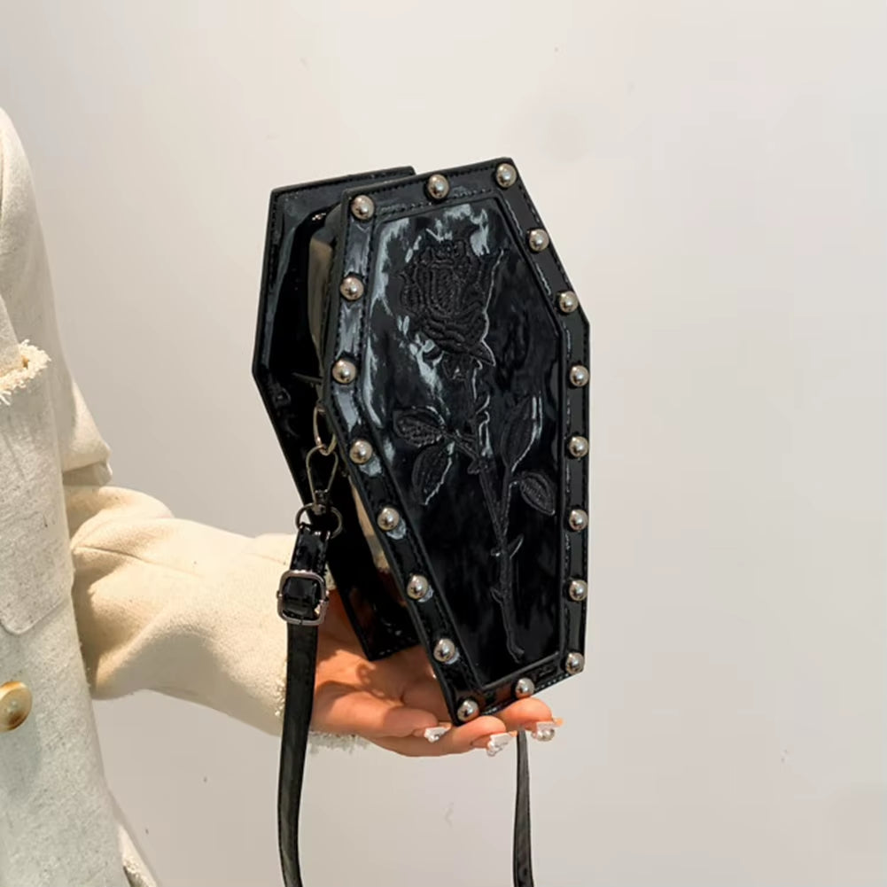 Spooky Chic Halloween Cobweb Coffin Satchel - Large Capacity Gothic PU Leather Hobo Bag with Adjustable Strap