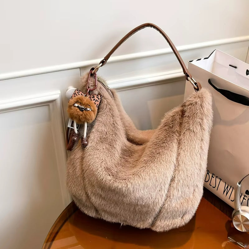 Winter Shoulder Bag Large Capacity Commuting Tote Handle Bag for Women with Plush Fur Comfortable and Versatile Commuting Bag