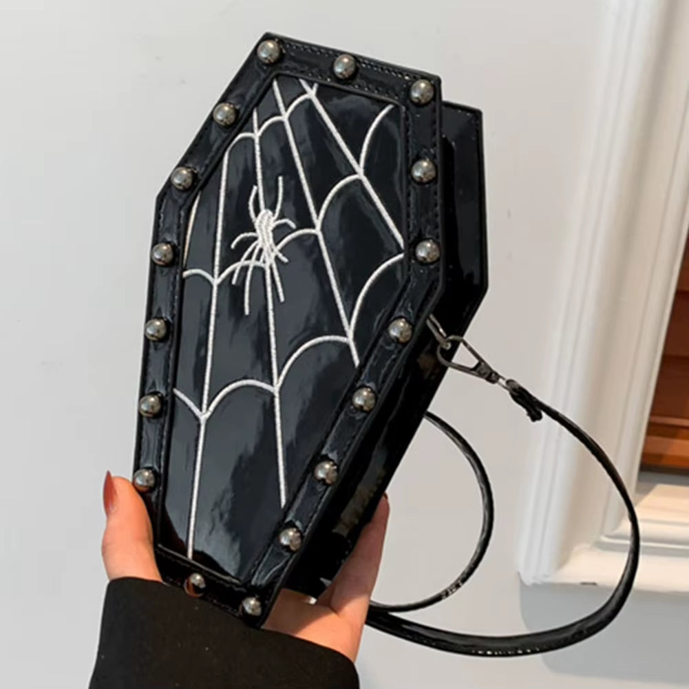 Spooky Chic Halloween Cobweb Coffin Satchel - Large Capacity Gothic PU Leather Hobo Bag with Adjustable Strap