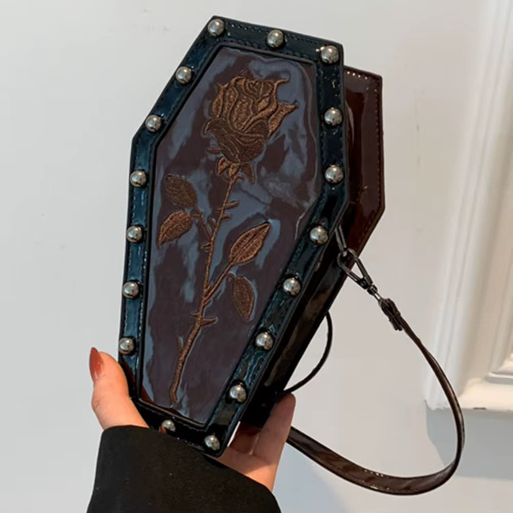 Spooky Chic Halloween Cobweb Coffin Satchel - Large Capacity Gothic PU Leather Hobo Bag with Adjustable Strap