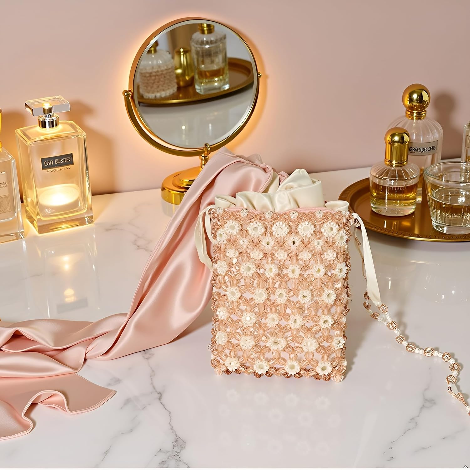 Elevate Your Style with Our Exquisite Handmade Pearl Beaded Crossbody Purse - Elegant Floral Acrylic Evening Bag Perfect for Weddings and Parties!