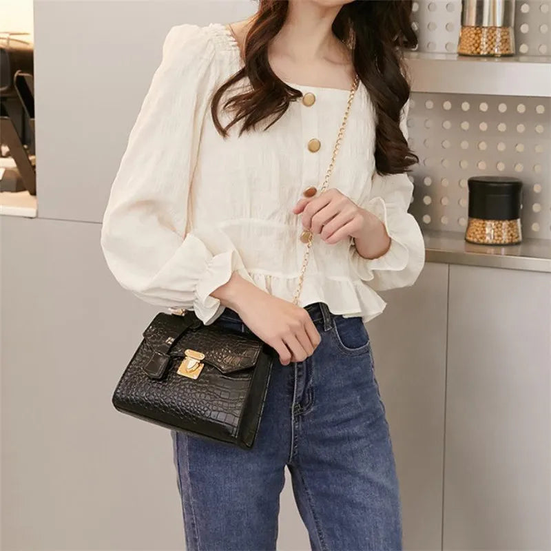 Chic Crocodile Small Tote Bag Ladies Handbag Vintage Square Bag Stylish Chain Shoulder Crossbody Bags Daily Use Phone Coin Purse