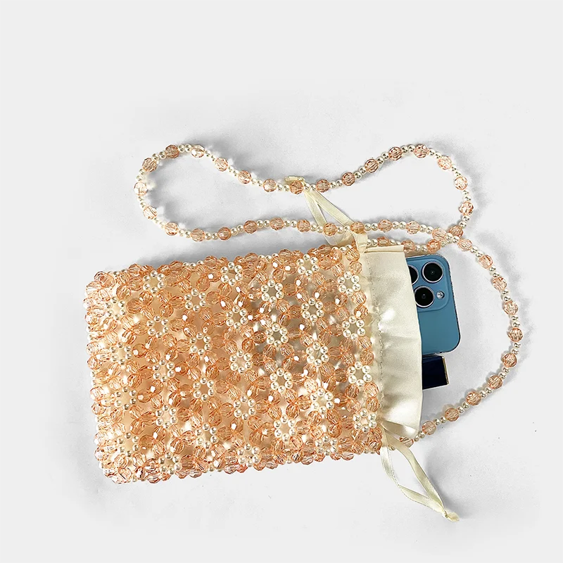 Chic Chinese Style Colorful Acrylic Bead Hand-Woven Crossbody Mobile Phone Bag with Hollow Pearl Accents