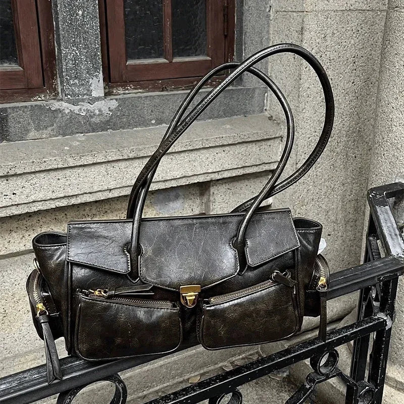 Vintage Underarm Bag for Women Versatile Handbag Multi-Pocket Motorcycle Bag Luxury Designer Leather Handbag