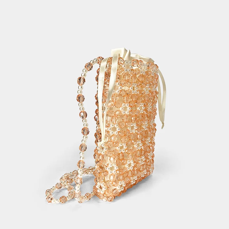 Chic Chinese Style Colorful Acrylic Bead Hand-Woven Crossbody Mobile Phone Bag with Hollow Pearl Accents
