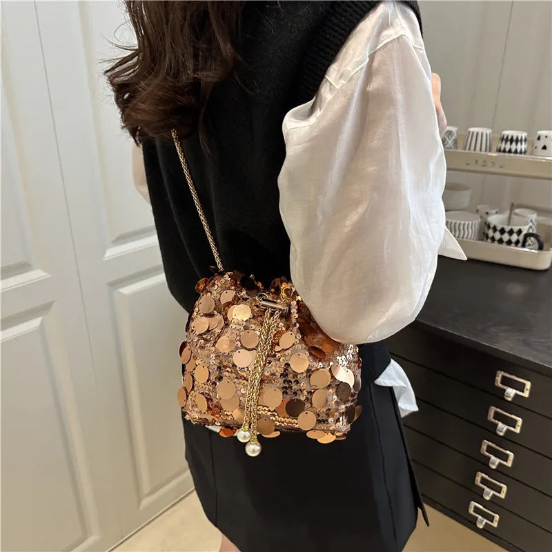 Luxury Sequin Chain Bucket Shoulder Bag for Women - Elegant Crossbody Clutch Purse for Dinner Parties