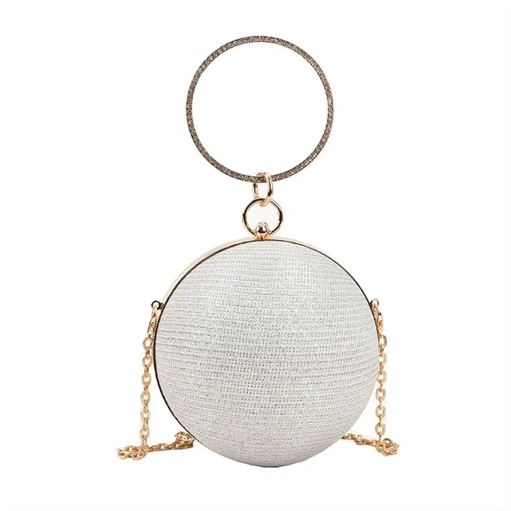 Luxury Gold Silk Circular Evening Bag with Rhinestone Detail - Elegant Clutch for Women’s Banquet & Party Events
