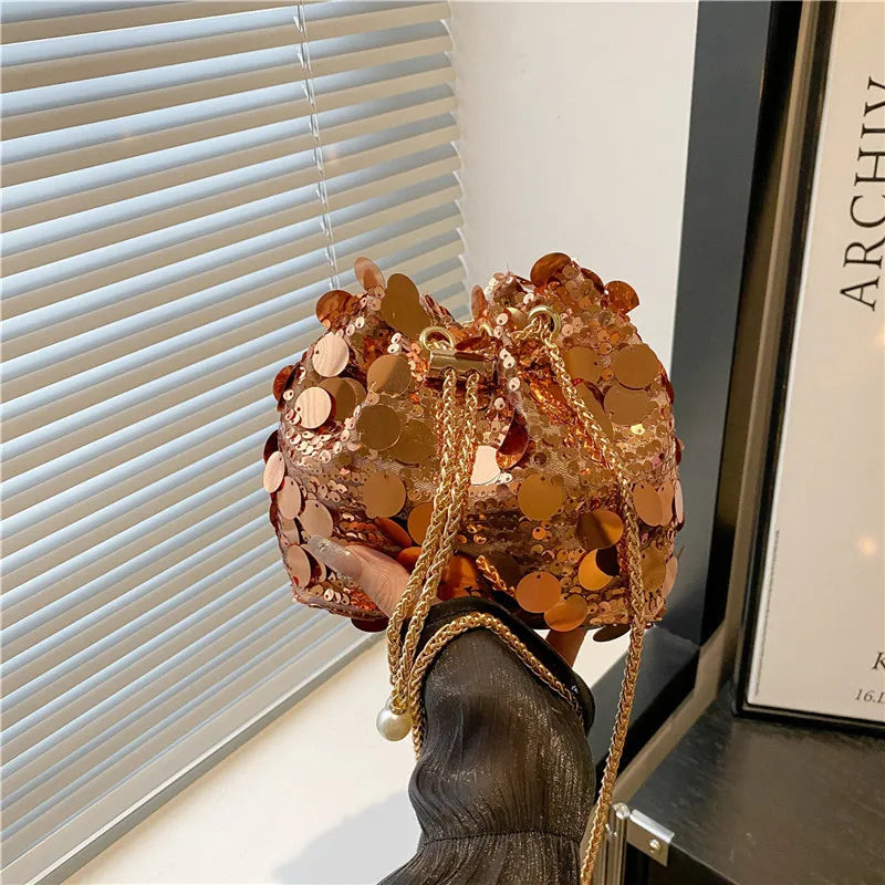 Luxury Sequin Chain Bucket Shoulder Bag for Women - Elegant Crossbody Clutch Purse for Dinner Parties