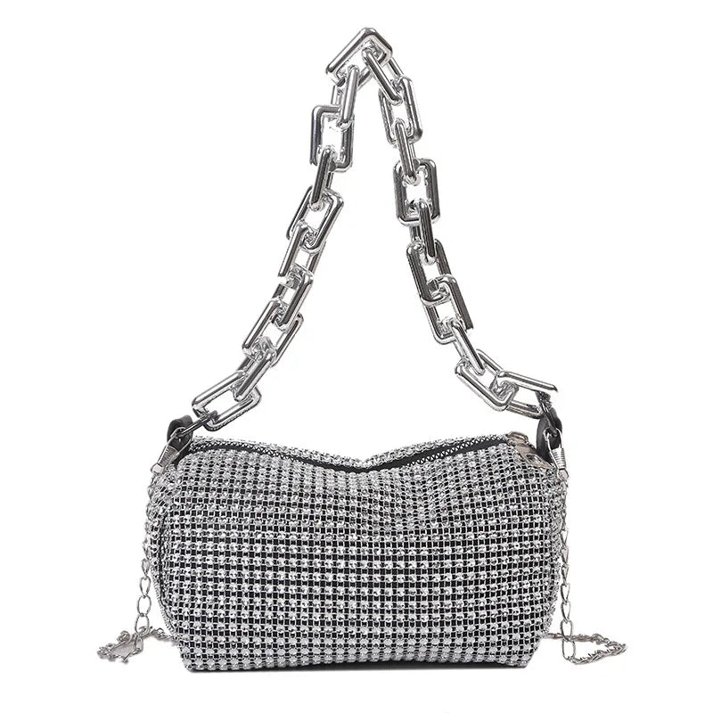 Sparkling Rhinestone Mini Bucket Bag with Glitter Chain - Chic Crossbody Purse for Prom and Parties (6.3 x 3.54 Inches)