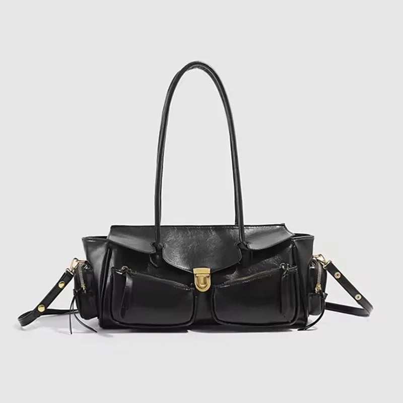 Vintage Underarm Bag for Women Versatile Handbag Multi-Pocket Motorcycle Bag Luxury Designer Leather Handbag