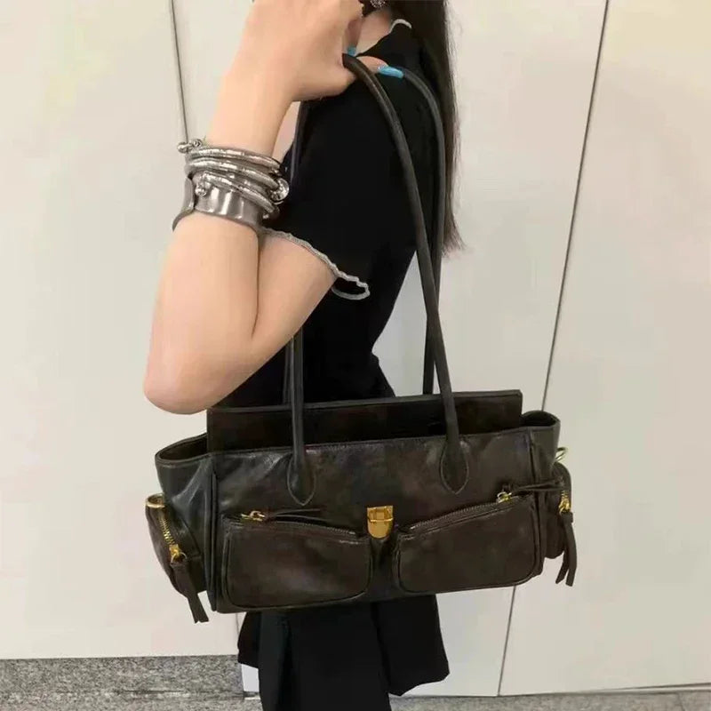 Vintage Underarm Bag for Women Versatile Handbag Multi-Pocket Motorcycle Bag Luxury Designer Leather Handbag