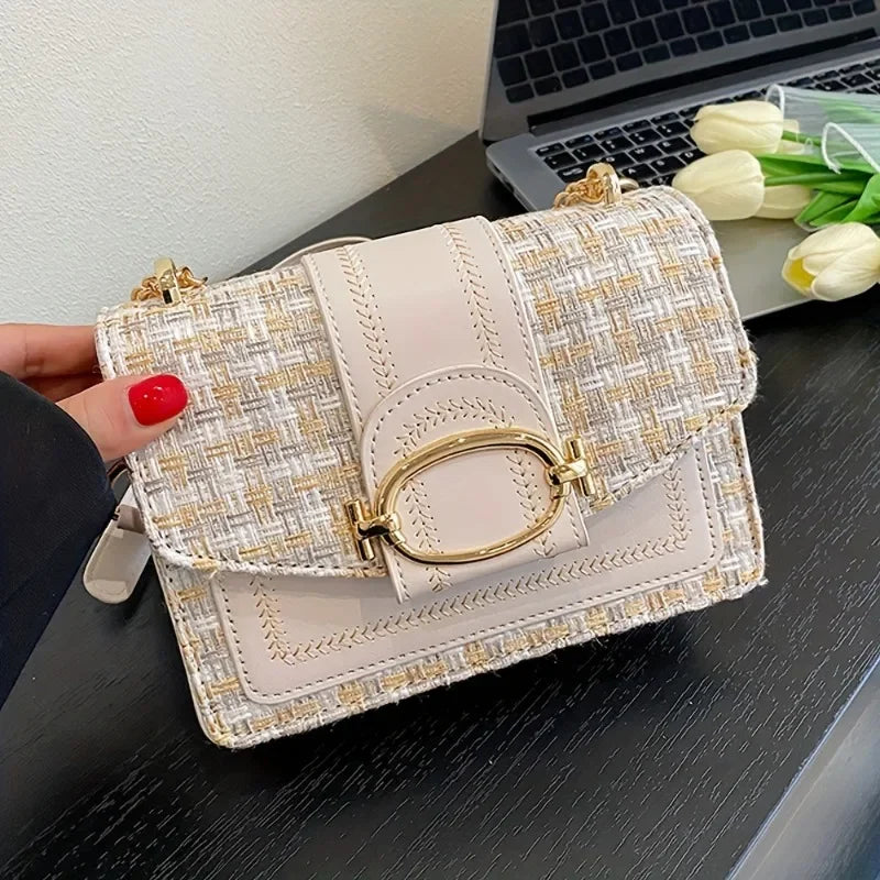 Chic Mini Plaid Tweed Crossbody Bag with Adjustable Strap, Fashionable Buckle Closure - Available in Cream, Green, Blue, Black