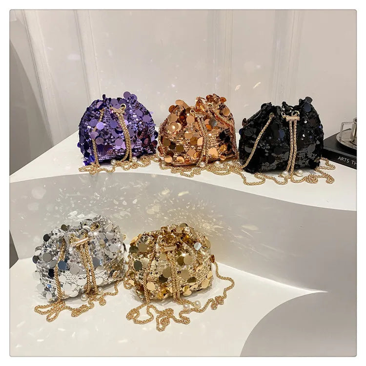 Luxury Sequin Chain Bucket Shoulder Bag for Women - Elegant Crossbody Clutch Purse for Dinner Parties