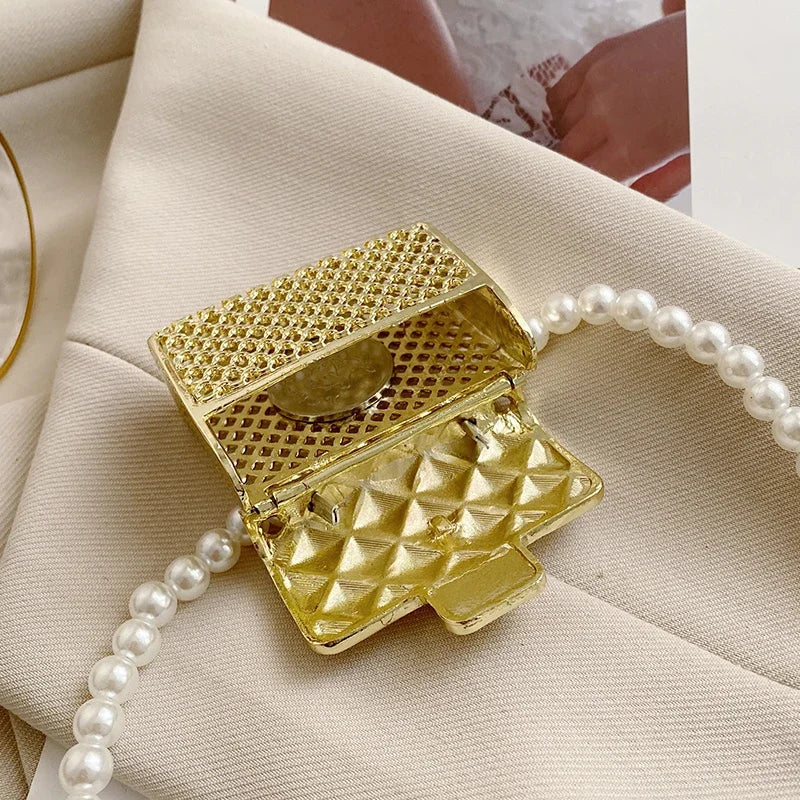 Mini Metal Shoulder Bags for Women Pearl Chain Crossbody Bag Designer Clothing Accessories Satchel Female Decorative Box Handbag