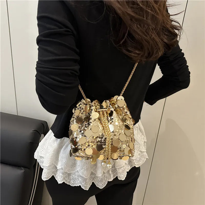 Luxury Sequin Chain Bucket Shoulder Bag for Women - Elegant Crossbody Clutch Purse for Dinner Parties
