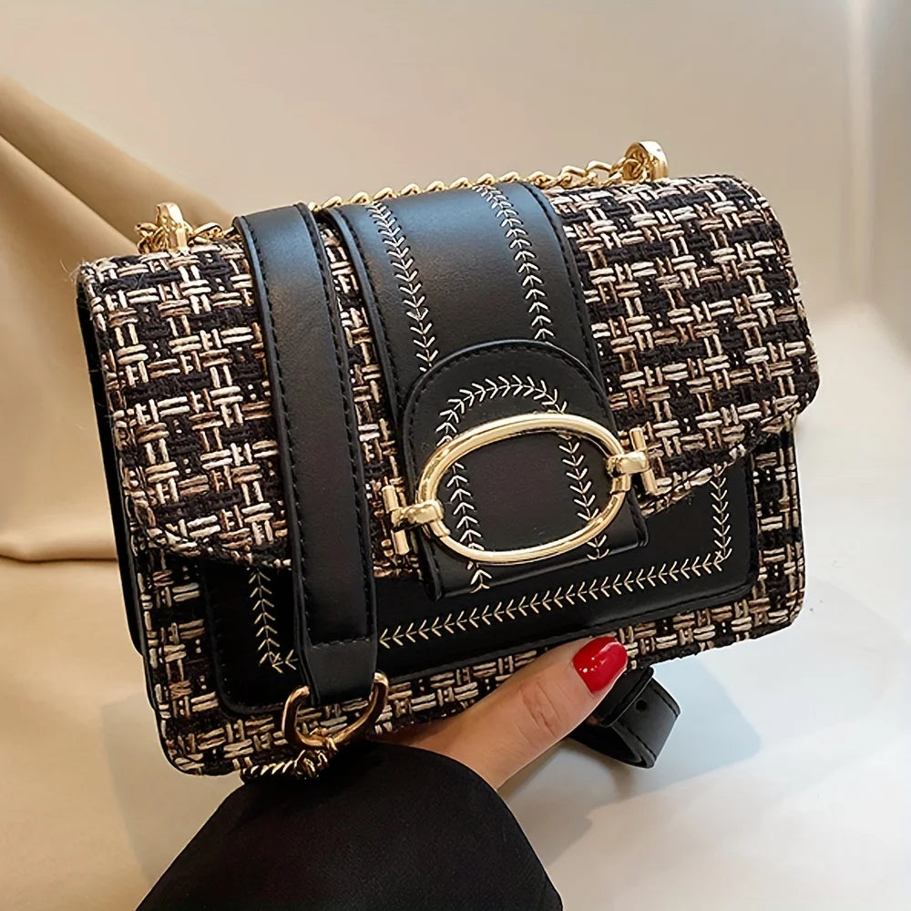 Chic Mini Plaid Tweed Crossbody Bag with Adjustable Strap, Fashionable Buckle Closure - Available in Cream, Green, Blue, Black