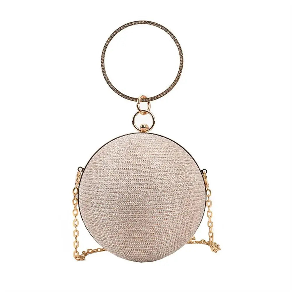 Luxury Gold Silk Circular Evening Bag with Rhinestone Detail - Elegant Clutch for Women’s Banquet & Party Events
