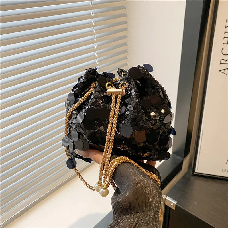 Luxury Sequin Chain Bucket Shoulder Bag for Women - Elegant Crossbody Clutch Purse for Dinner Parties