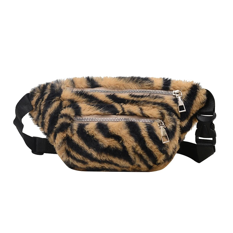 2025 Winter Plush Waist Bags for Women Fashion Leopard Pattern Chest Bag Double Zipper Belt Bags Female Banana Hip Purse