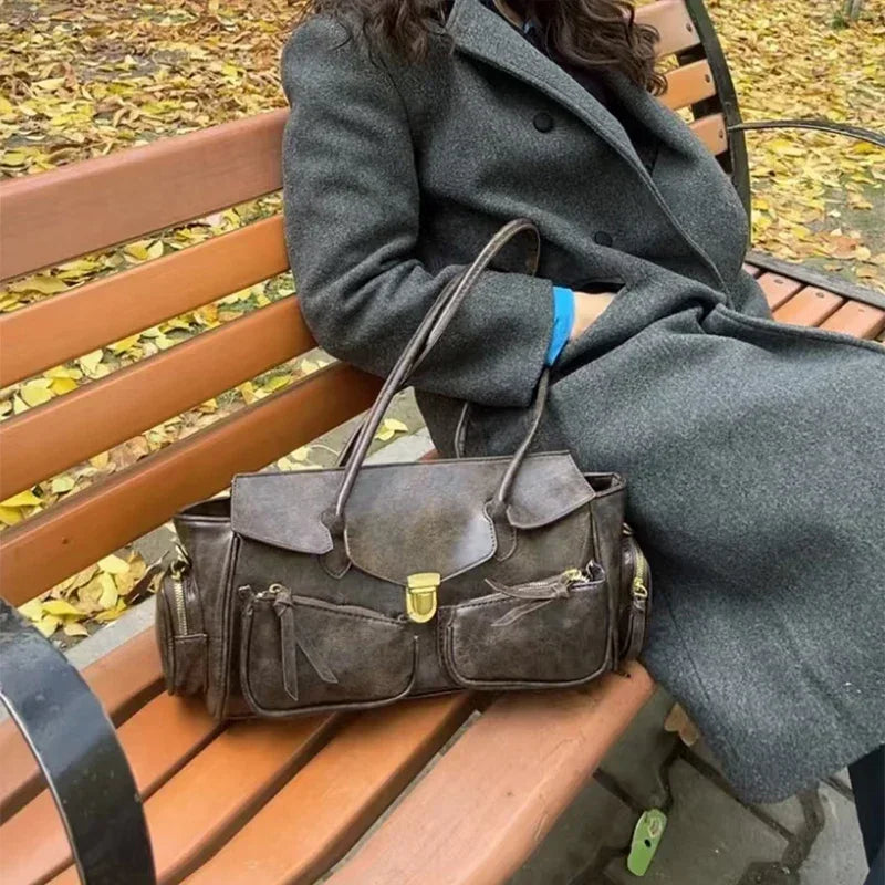 Vintage Underarm Bag for Women Versatile Handbag Multi-Pocket Motorcycle Bag Luxury Designer Leather Handbag