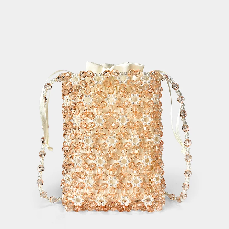 Chic Chinese Style Colorful Acrylic Bead Hand-Woven Crossbody Mobile Phone Bag with Hollow Pearl Accents