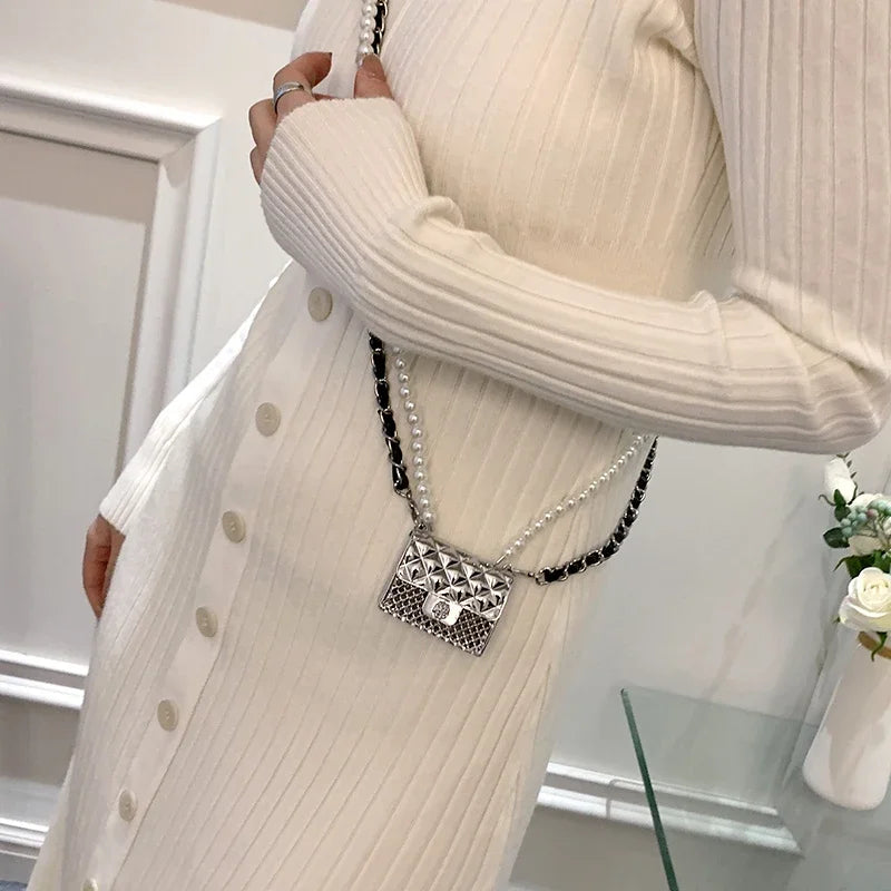 Mini Metal Shoulder Bags for Women Pearl Chain Crossbody Bag Designer Clothing Accessories Satchel Female Decorative Box Handbag