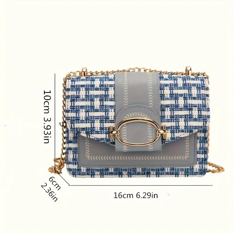 Chic Mini Plaid Tweed Crossbody Bag with Adjustable Strap, Fashionable Buckle Closure - Available in Cream, Green, Blue, Black