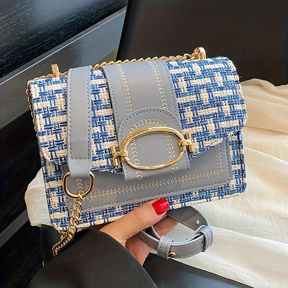 Chic Mini Plaid Tweed Crossbody Bag with Adjustable Strap, Fashionable Buckle Closure - Available in Cream, Green, Blue, Black