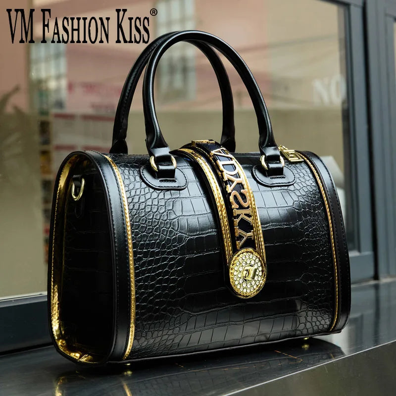 Chic Classic Retro Crocodile Embossed Women's Boston Handbag with Stylish Letter Decoration - High-Quality Crossbody & Top Handle Bag